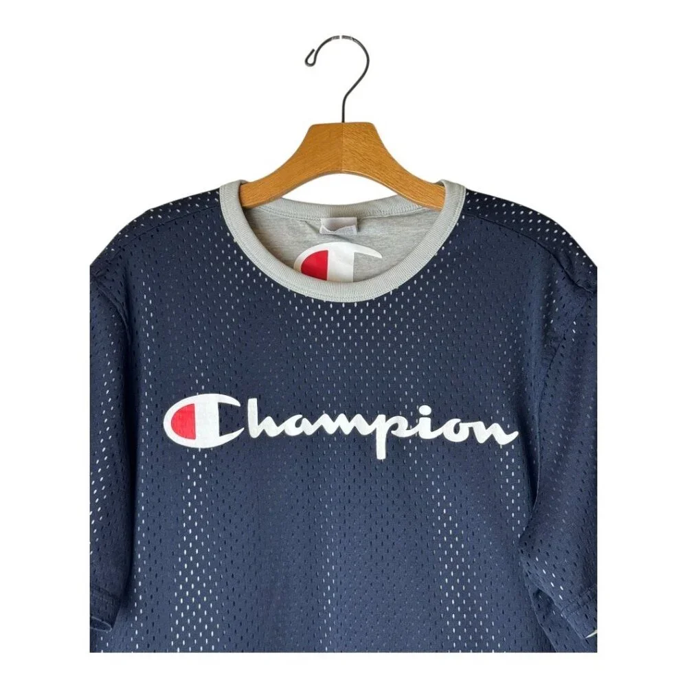 Champion Shirt Men XL Blue Gray Logo Reversible Mesh Short Sleeve Tee Athleisure - Picture 4 of 8